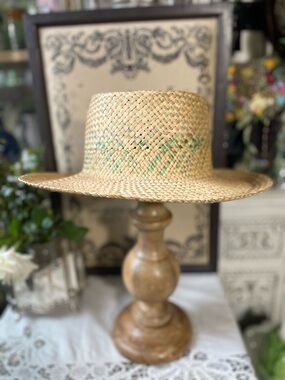 Vintage straw hat woven straw tan green sun hat USA made